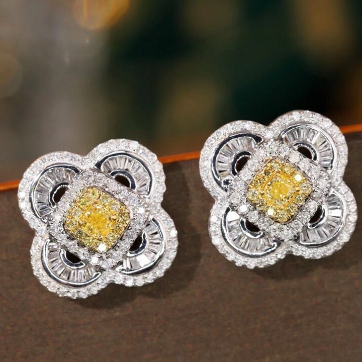 14k Gold 1.10 Ctw Natural Yellow Diamond & Diamond Earrings: Ref:230953066 // gold content:14k gold // main gemstone:yellow diamond // shape:cushion // carat weight:0. 26ct // color:yellow // treatment:natural // // adjacent gemstone 2 : diamond //