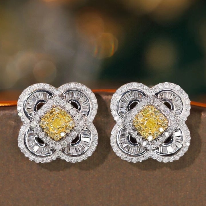 14k Gold 1.10 Ctw Natural Yellow Diamond & Diamond Earrings - 2