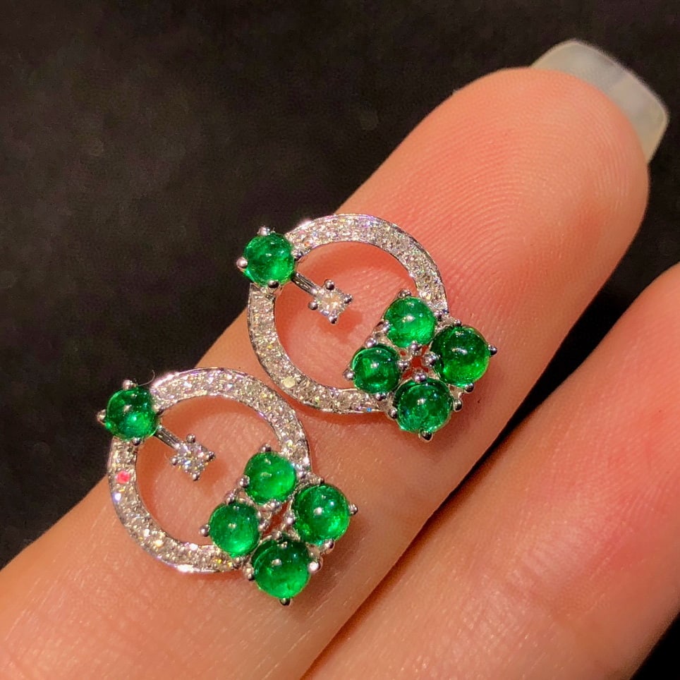 14k Gold 0.93 Ctw Vivid Green Natural Emerald & Diamond Earrings - 2