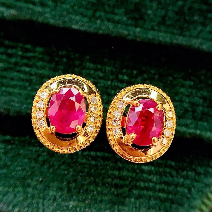 14k Gold 1 Ct Natural Ruby & Diamond Earrings - 2