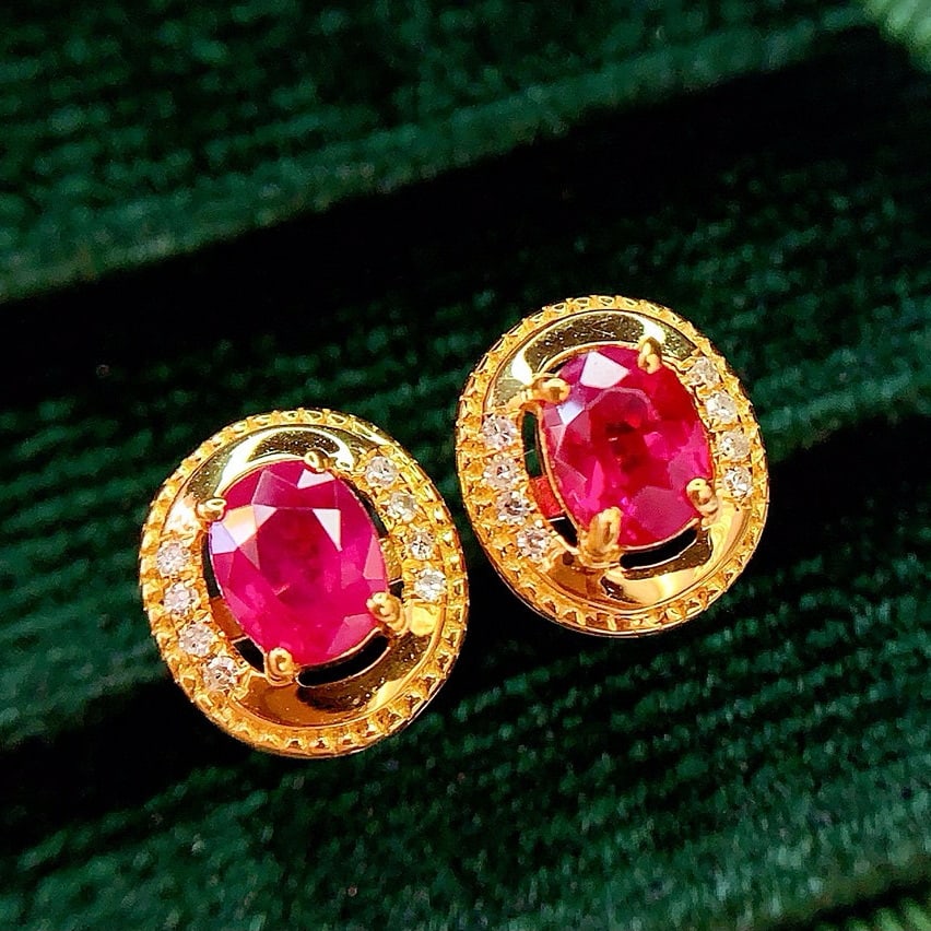 14k Gold 1 Ct Natural Ruby & Diamond Earrings - 3