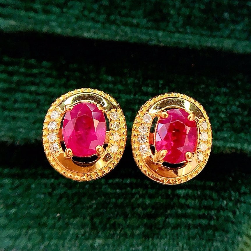 14k Gold 1 Ct Natural Ruby & Diamond Earrings - 4