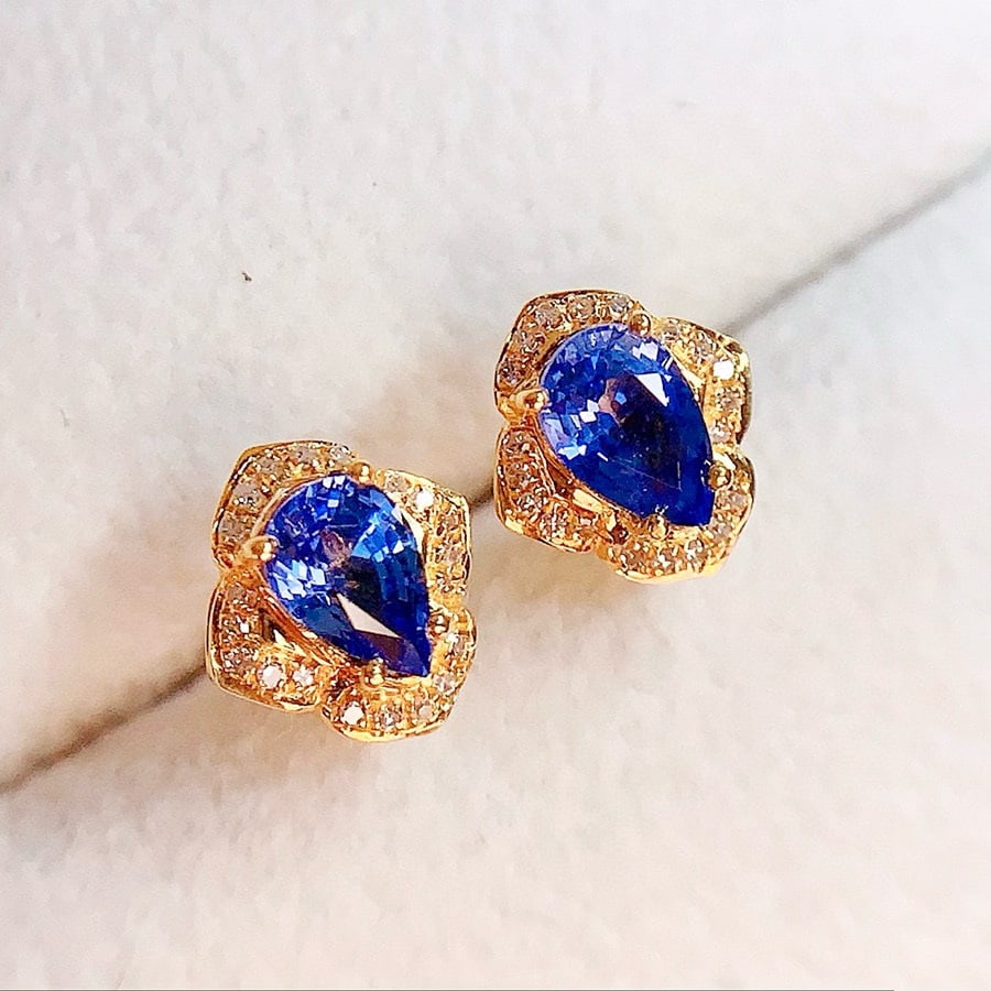 14k Gold 1.2 Ct Natural Sapphire & Diamond Earrings - 2