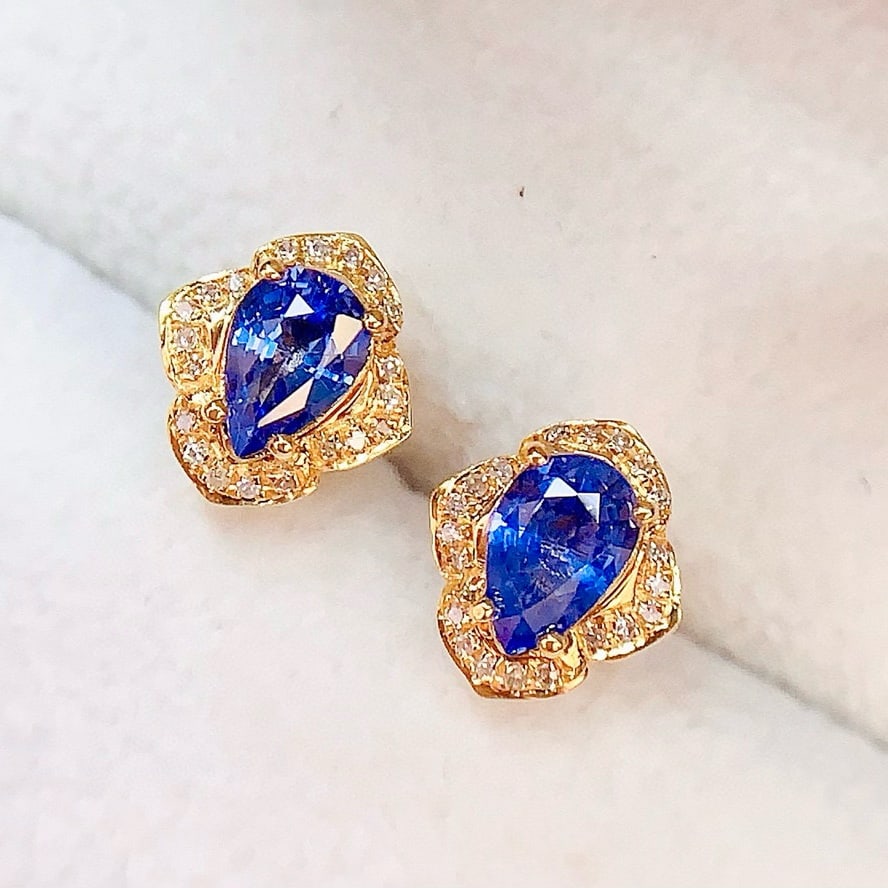 14k Gold 1.2 Ct Natural Sapphire & Diamond Earrings - 3