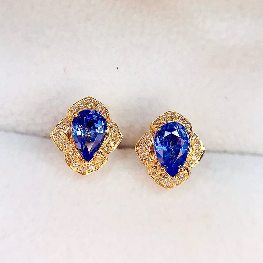 14k Gold 1.2 Ct Natural Sapphire & Diamond Earrings - 4
