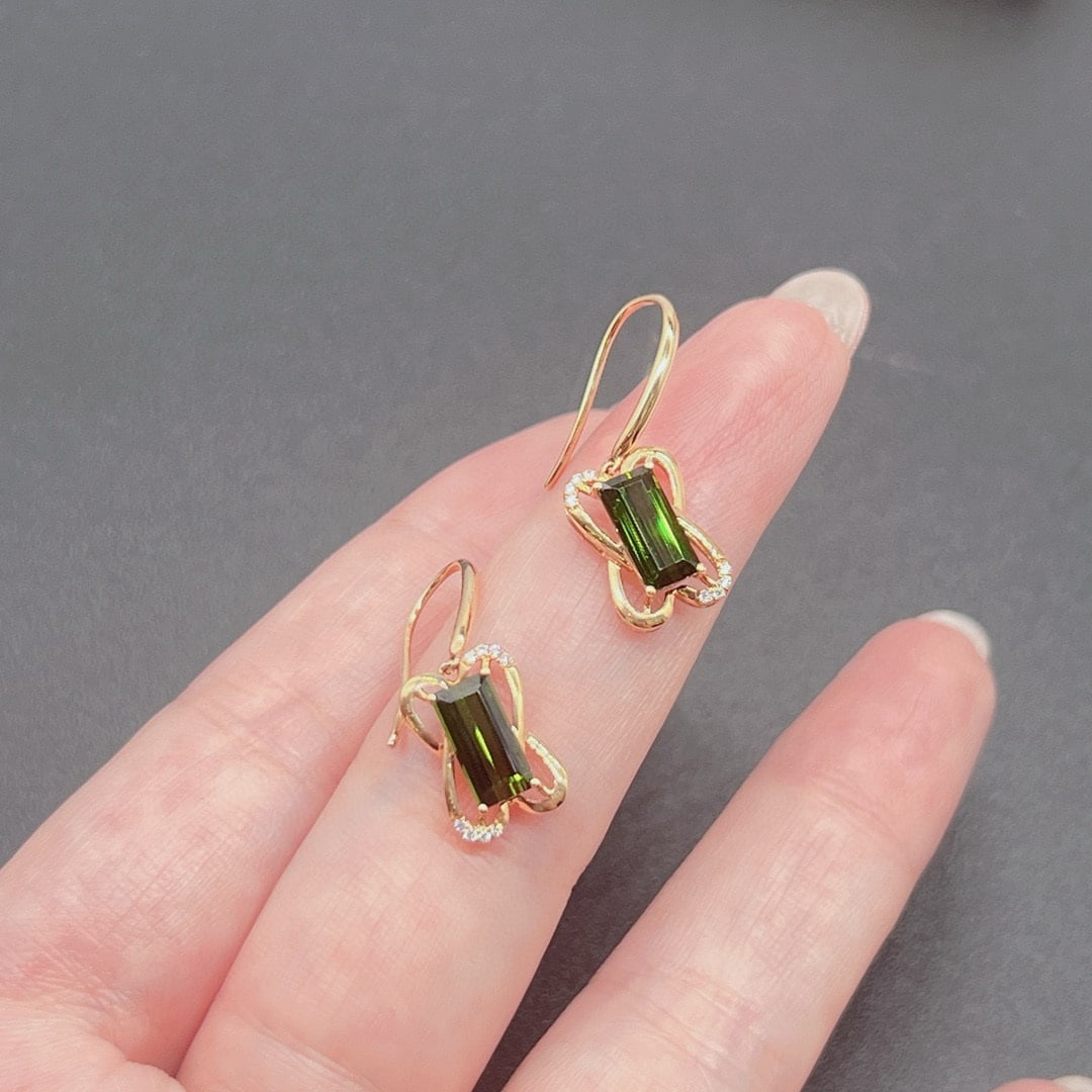 14k Gold 2.48 Ct Natural Tourmaline & Diamond Earrings - 3