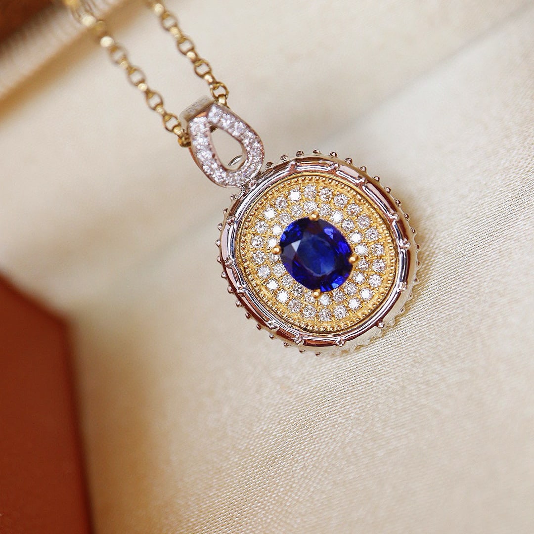 14k Gold 0.79 Ctw Natural Sapphire & Diamond Pendant( Without Chain ): Ref:230953120 // gold content:14k gold // main gemstone:sapphire // shape:oval // carat weight:0. 56ct // color:blue // treatment:natural // // adjacent gemstone 2 : diamond // shape:round // carat we