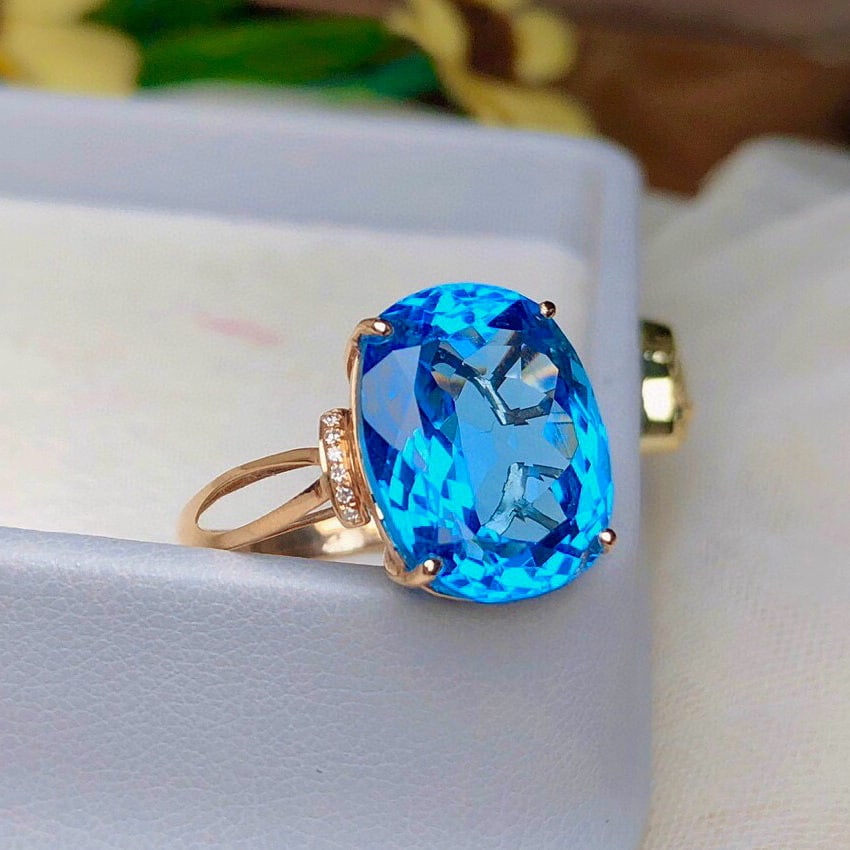 14k Gold 12.60 Ct Natural Topaz & Diamond Ring - 2