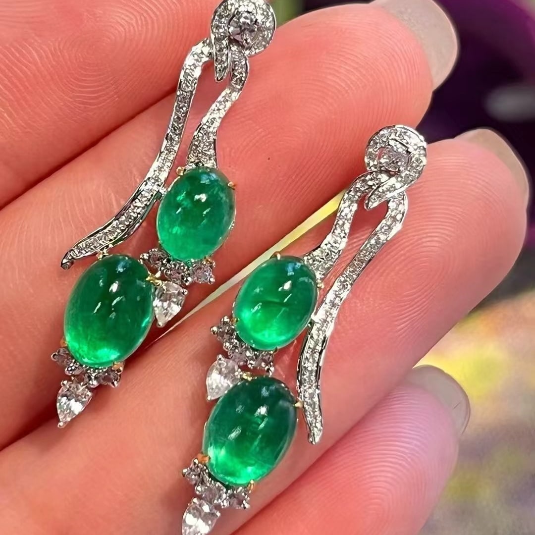 14k Gold 5.5 Ct Vivid Green Natural Emerald & Diamond Earrings - 5