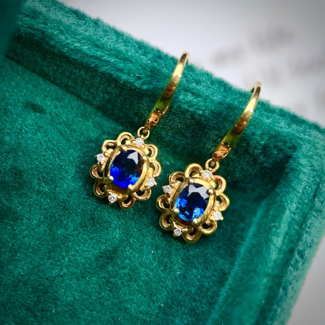 14k Gold 0.7 Ct Natural Sapphire & Diamond Earrings - 2