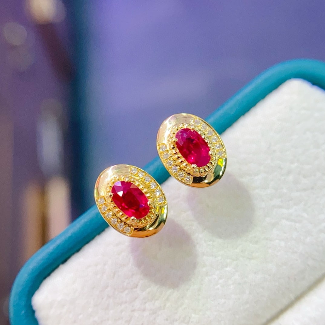 14k Gold 0.64 Ct Natural Ruby & Diamond Earrings - 4
