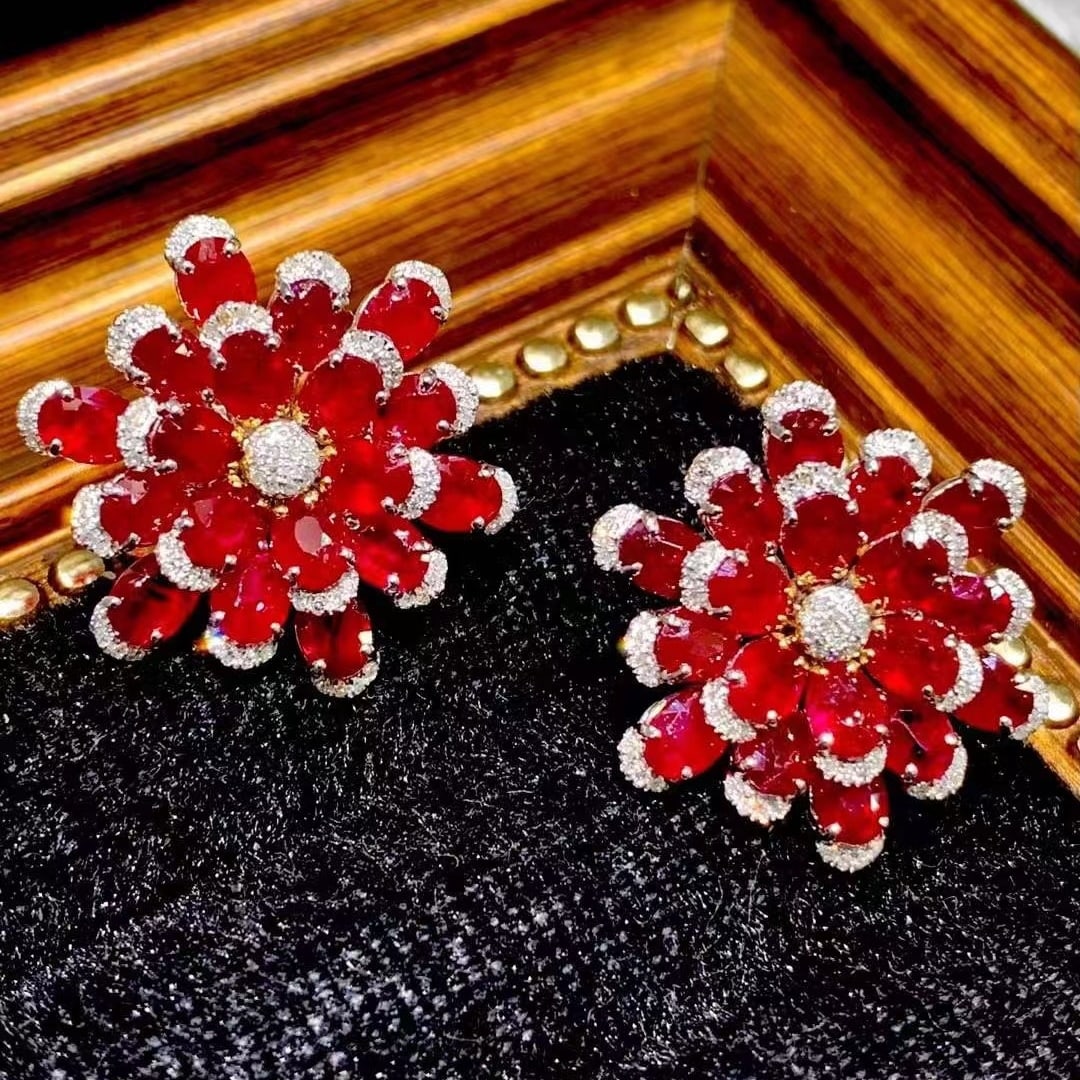 14k Gold 11.25 Ct Natural Ruby & Diamond Earrings - 2