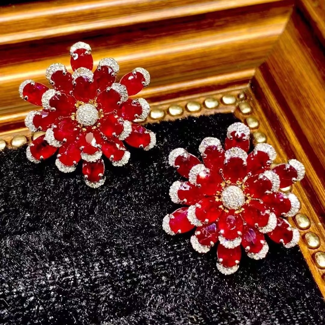 14k Gold 11.25 Ct Natural Ruby & Diamond Earrings - 4