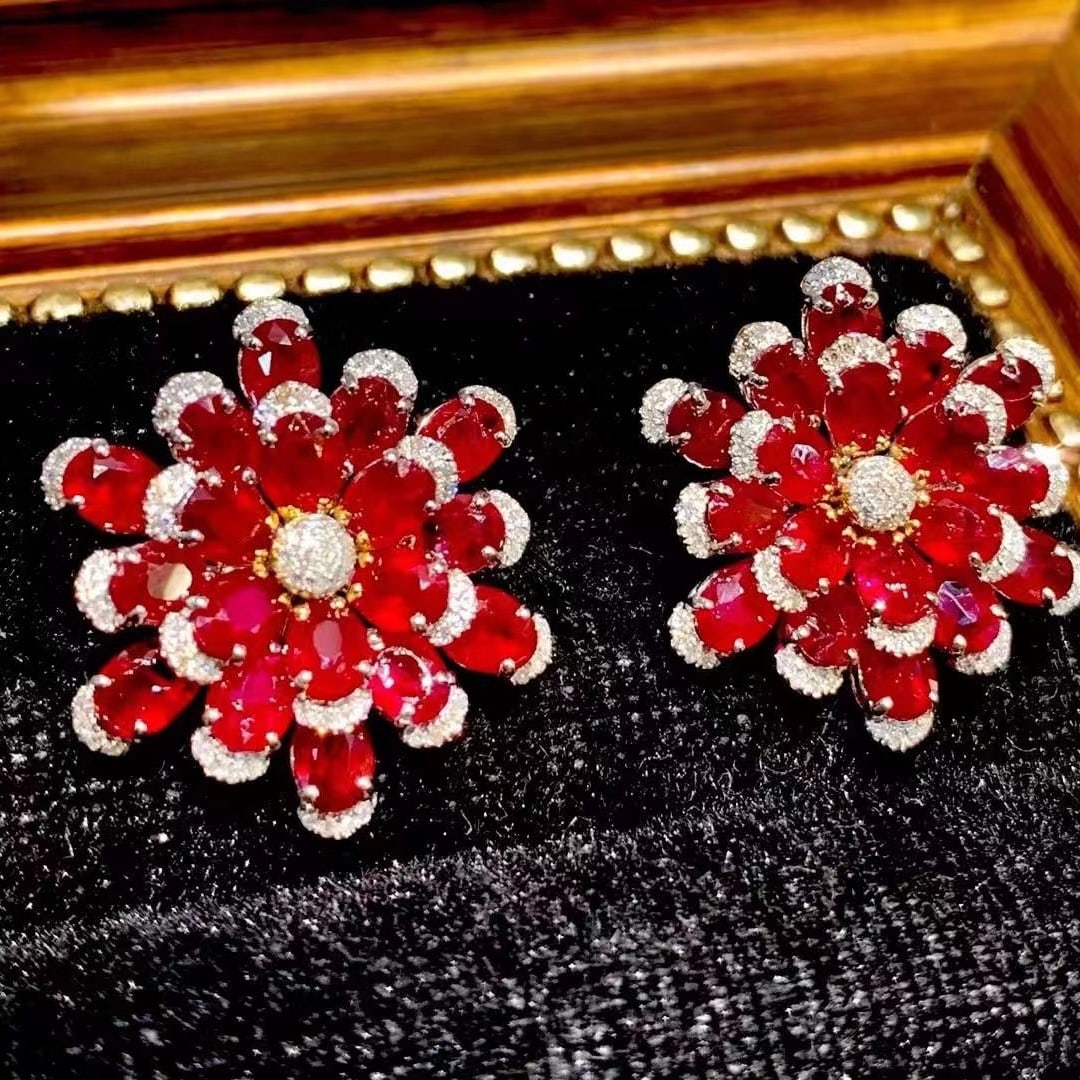 14k Gold 11.25 Ct Natural Ruby & Diamond Earrings - 7