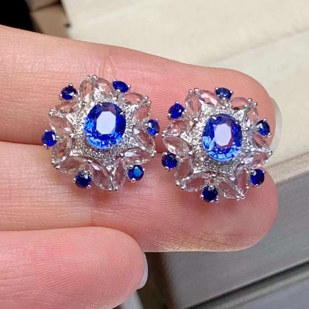 14k Gold 2 Ct Natural Sapphire & Sapphire & Diamond Earrings - 3