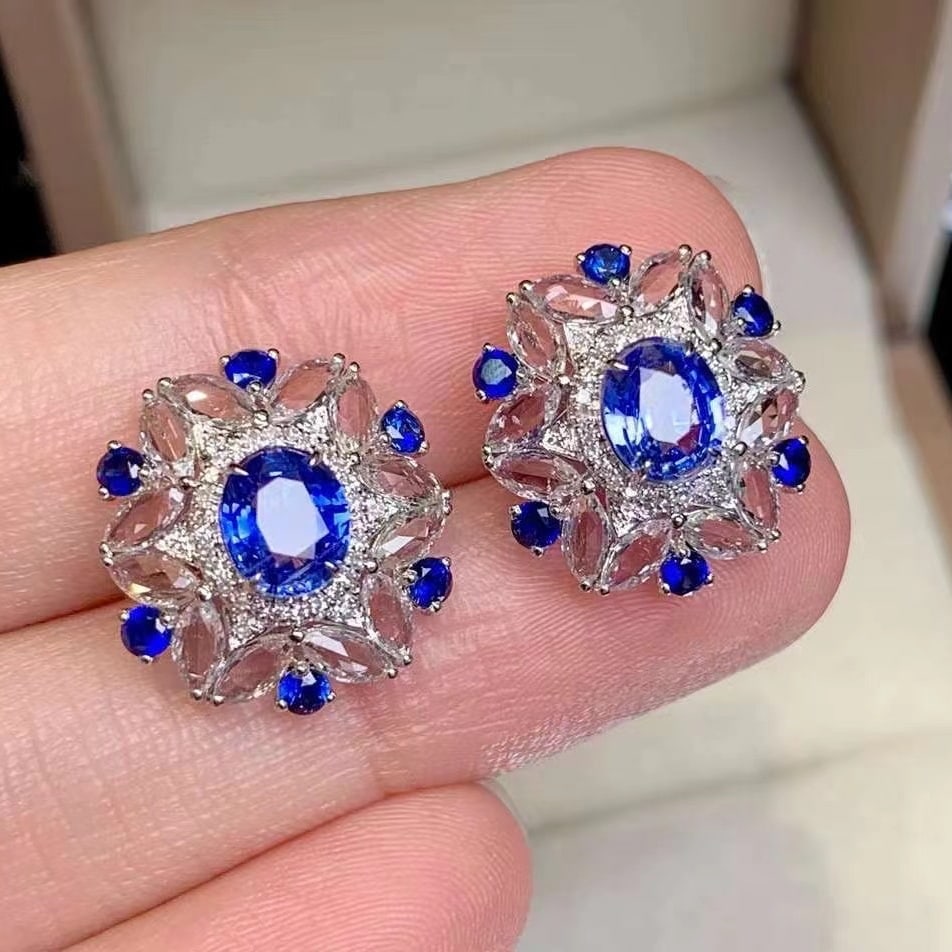 14k Gold 2 Ct Natural Sapphire & Sapphire & Diamond Earrings - 4