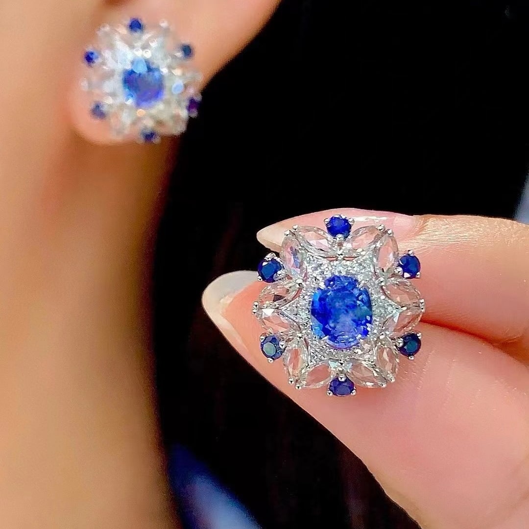 14k Gold 2 Ct Natural Sapphire & Sapphire & Diamond Earrings - 5