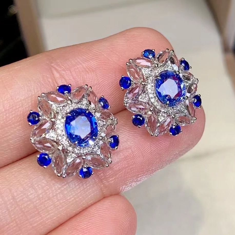 14k Gold 2 Ct Natural Sapphire & Sapphire & Diamond Earrings - 6