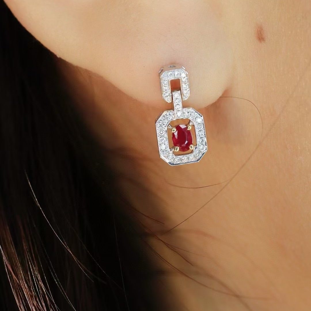 14k Gold 0.48 Ctw Vivid Red Natural Ruby & Diamond Earrings - 3