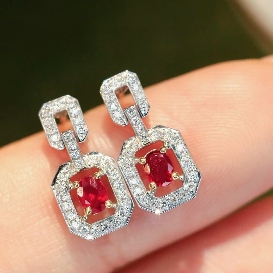 14k Gold 0.48 Ctw Vivid Red Natural Ruby & Diamond Earrings - 5