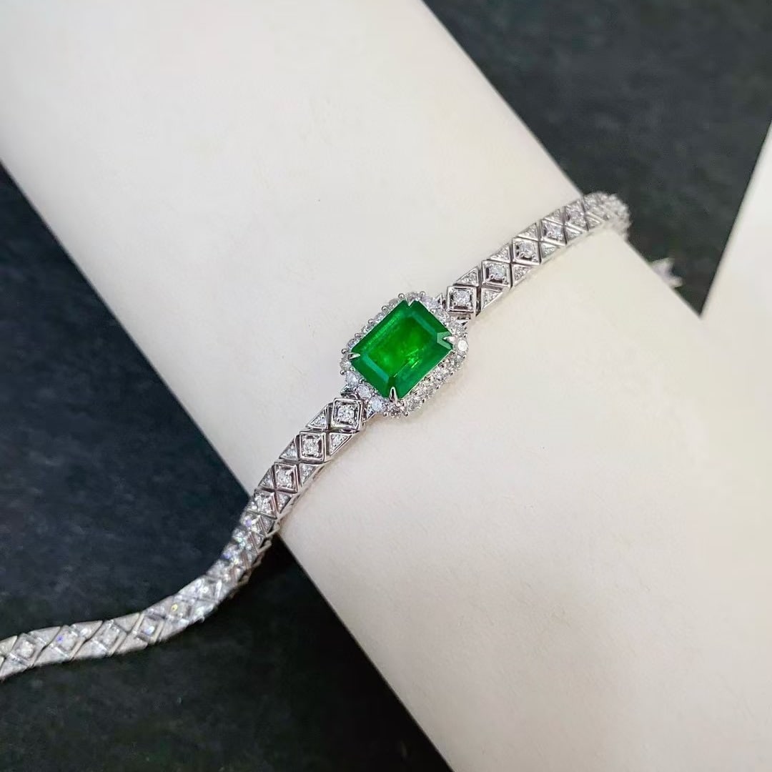 14k Gold 3.18 Ctw Vivid Green Natural Emerald & Diamond Bracelet - 4