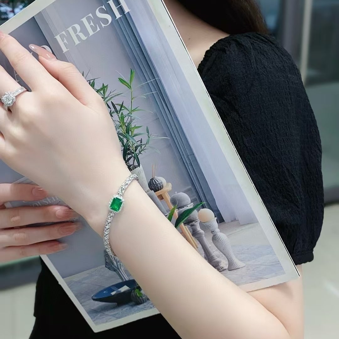 14k Gold 3.18 Ctw Vivid Green Natural Emerald & Diamond Bracelet - 6