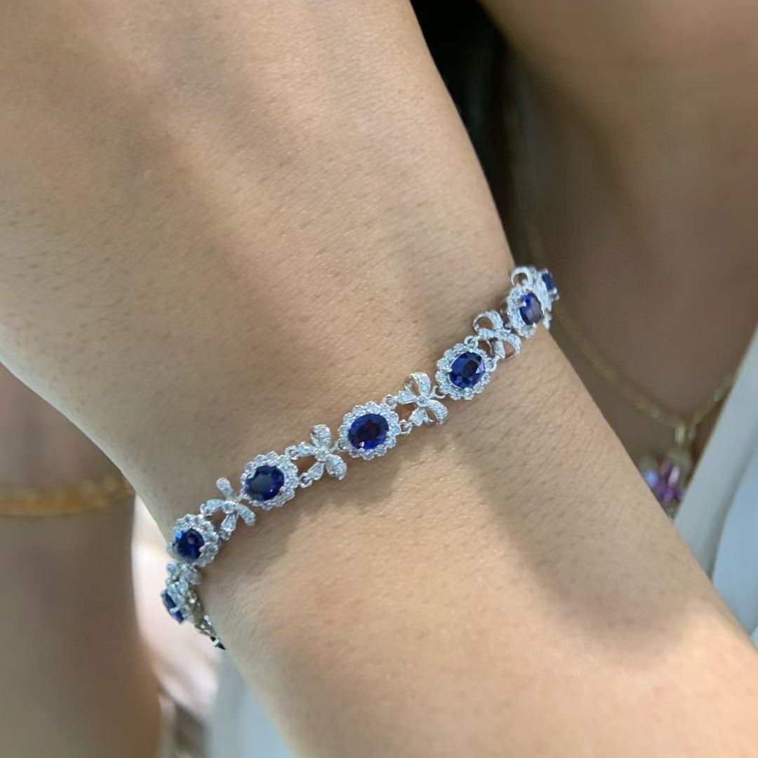 14k Gold 4.3 Ct Natural Sapphire & Diamond Bracelet - 5