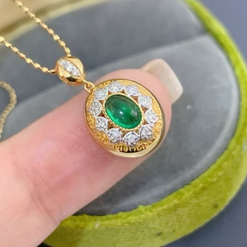 14k Gold 0.38 Ctw Natural Emerald & Diamond Pendant( Without Chain ) - 3