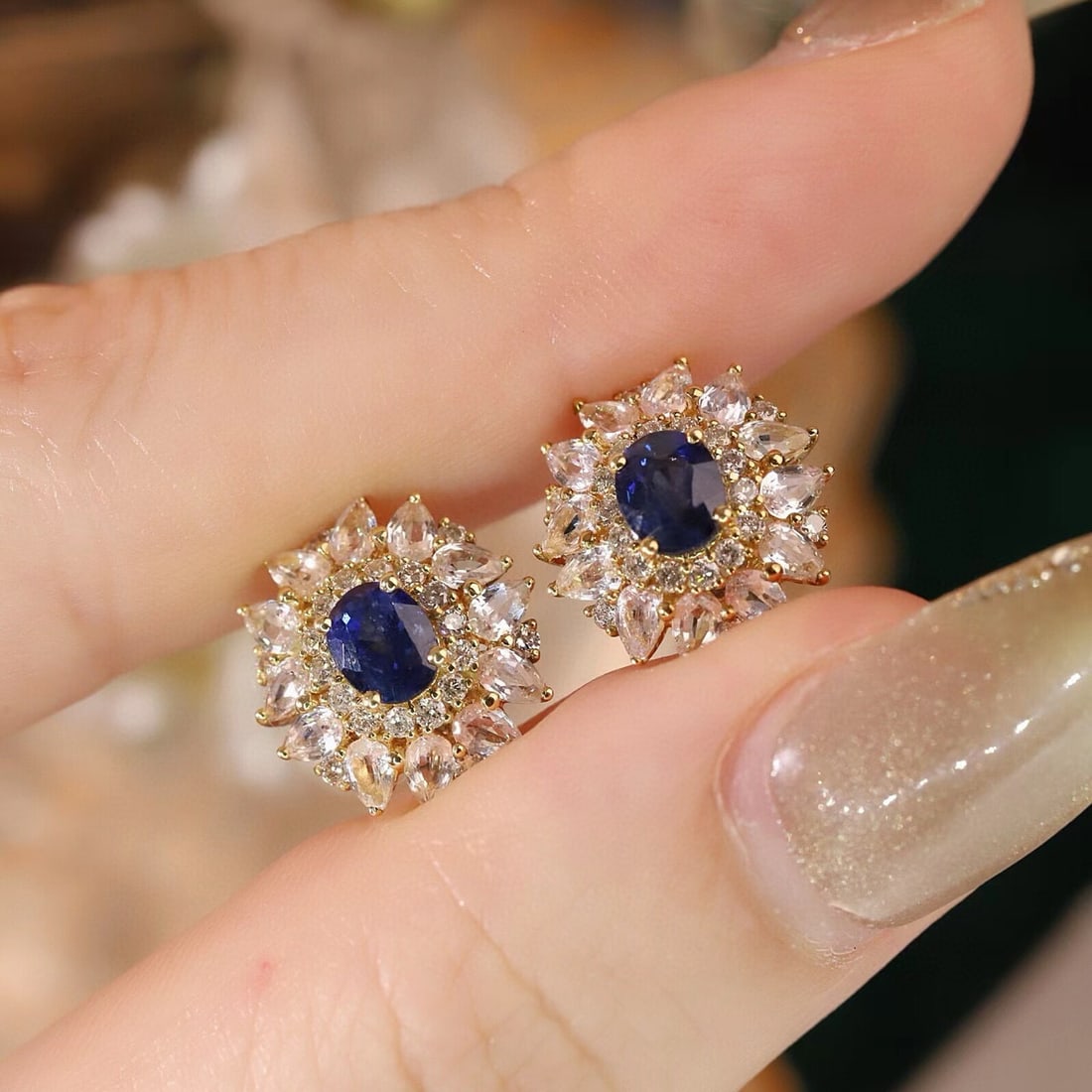 14k Gold 3.16 Ctw Natural Sapphire & Sapphire Earrings - 5