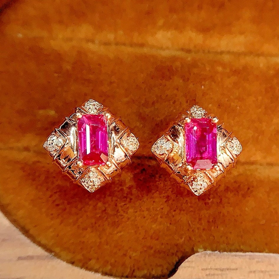 14k Gold 0.8 Ct Natural Ruby & Diamond Earrings - 2