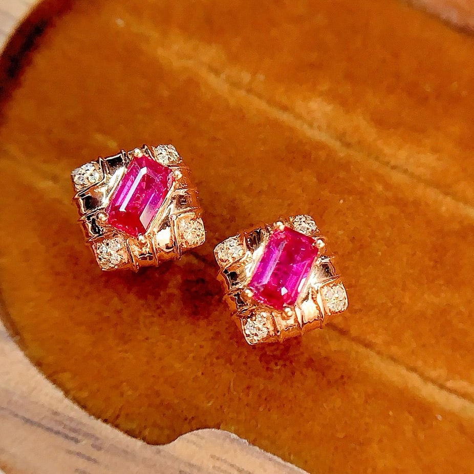 14k Gold 0.8 Ct Natural Ruby & Diamond Earrings - 4