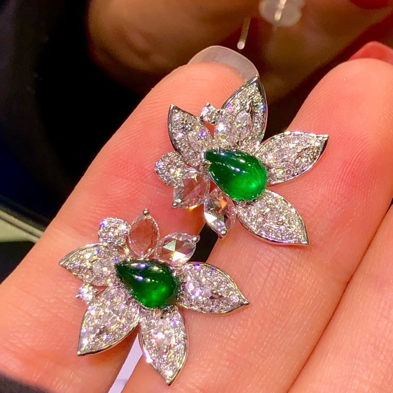 14k Gold 3.44 Ctw Vivid Green Natural Emerald & Diamond Earrings - 2