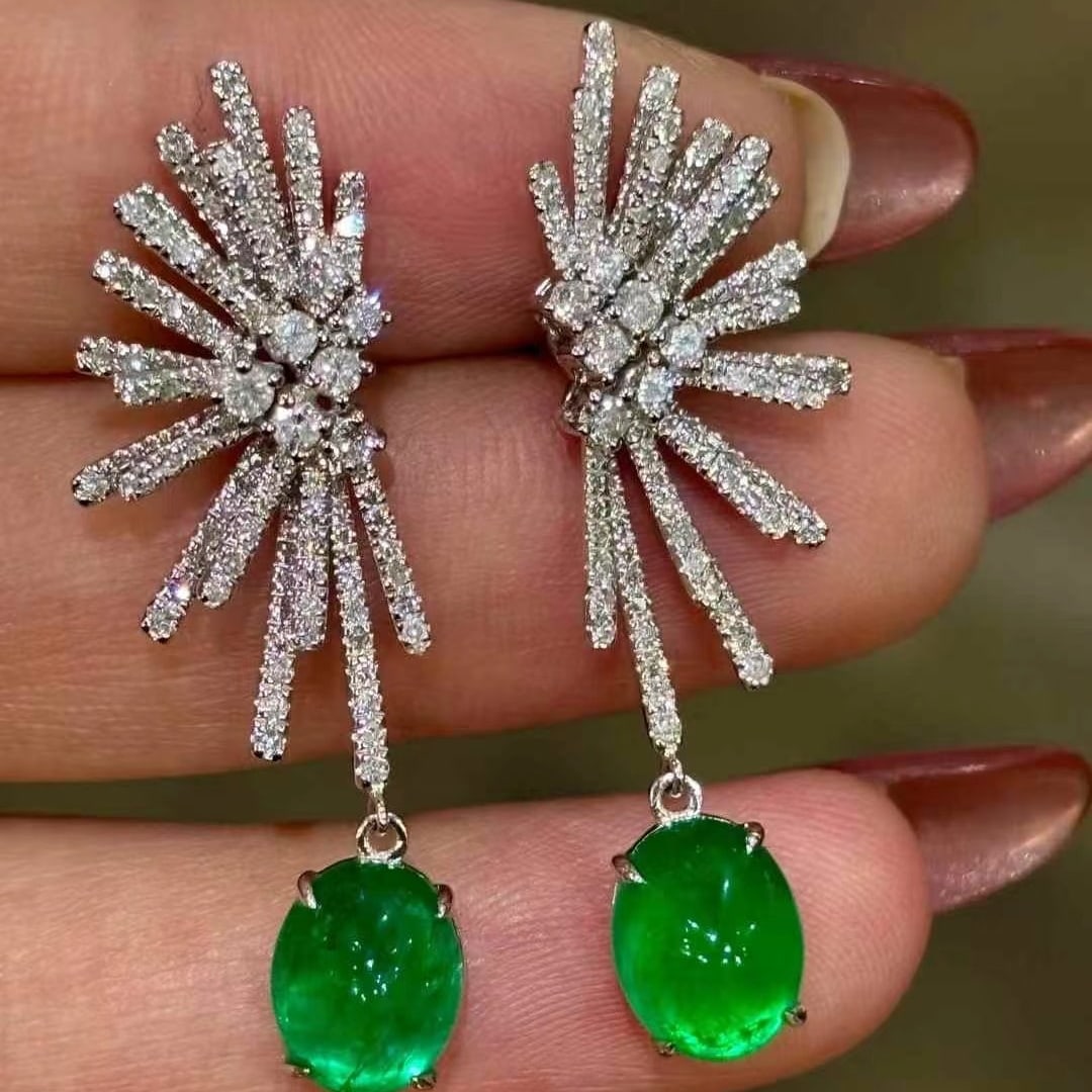 14k Gold 4.2 Ct Vivid Green Natural Emerald & Diamond Earrings - 2