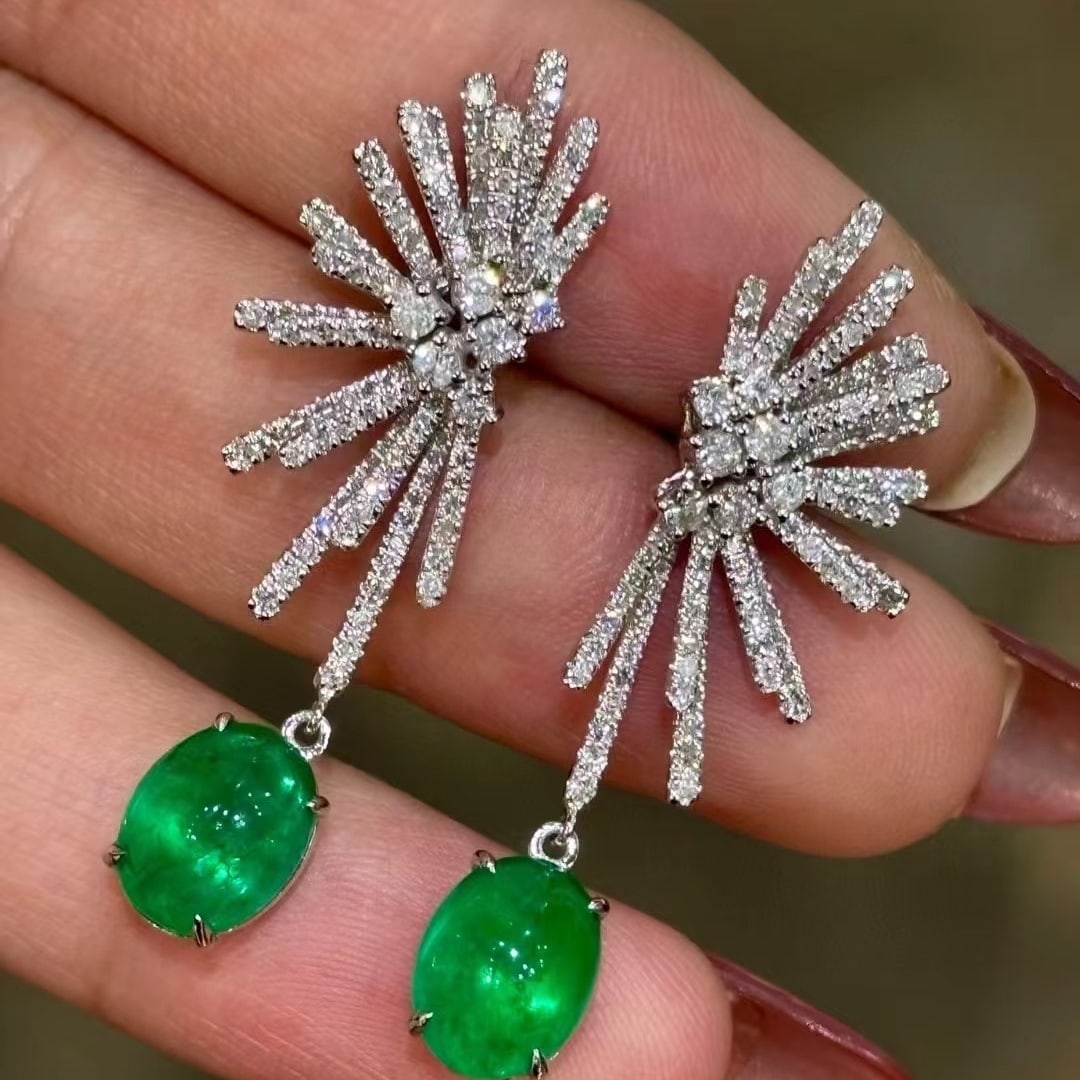 14k Gold 4.2 Ct Vivid Green Natural Emerald & Diamond Earrings - 4