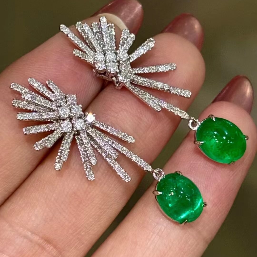 14k Gold 4.2 Ct Vivid Green Natural Emerald & Diamond Earrings - 5