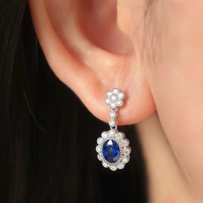 14k Gold 2.51 Ctw Natural Sapphire & Diamond Earrings - 2