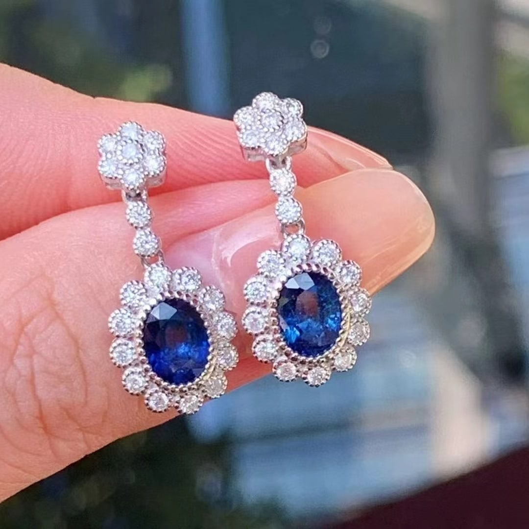 14k Gold 2.51 Ctw Natural Sapphire & Diamond Earrings - 3