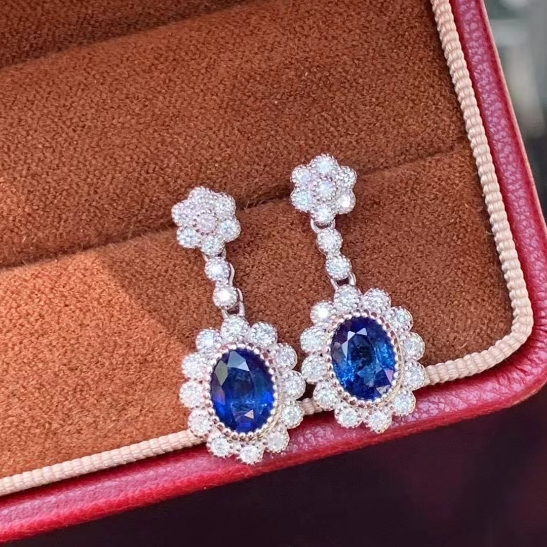 14k Gold 2.51 Ctw Natural Sapphire & Diamond Earrings - 5