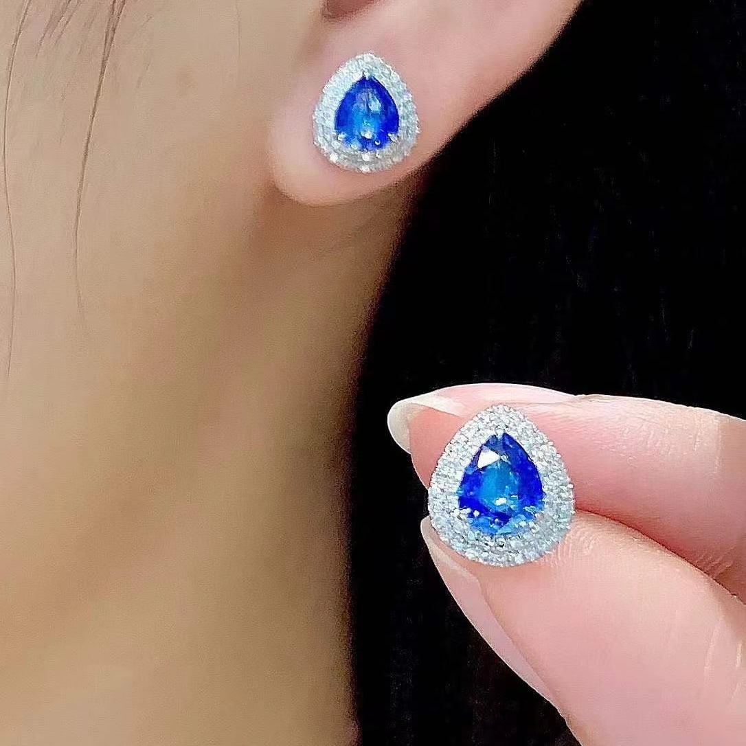 14k Gold 1.9 Ct Natural Sapphire & Diamond Earrings - 2