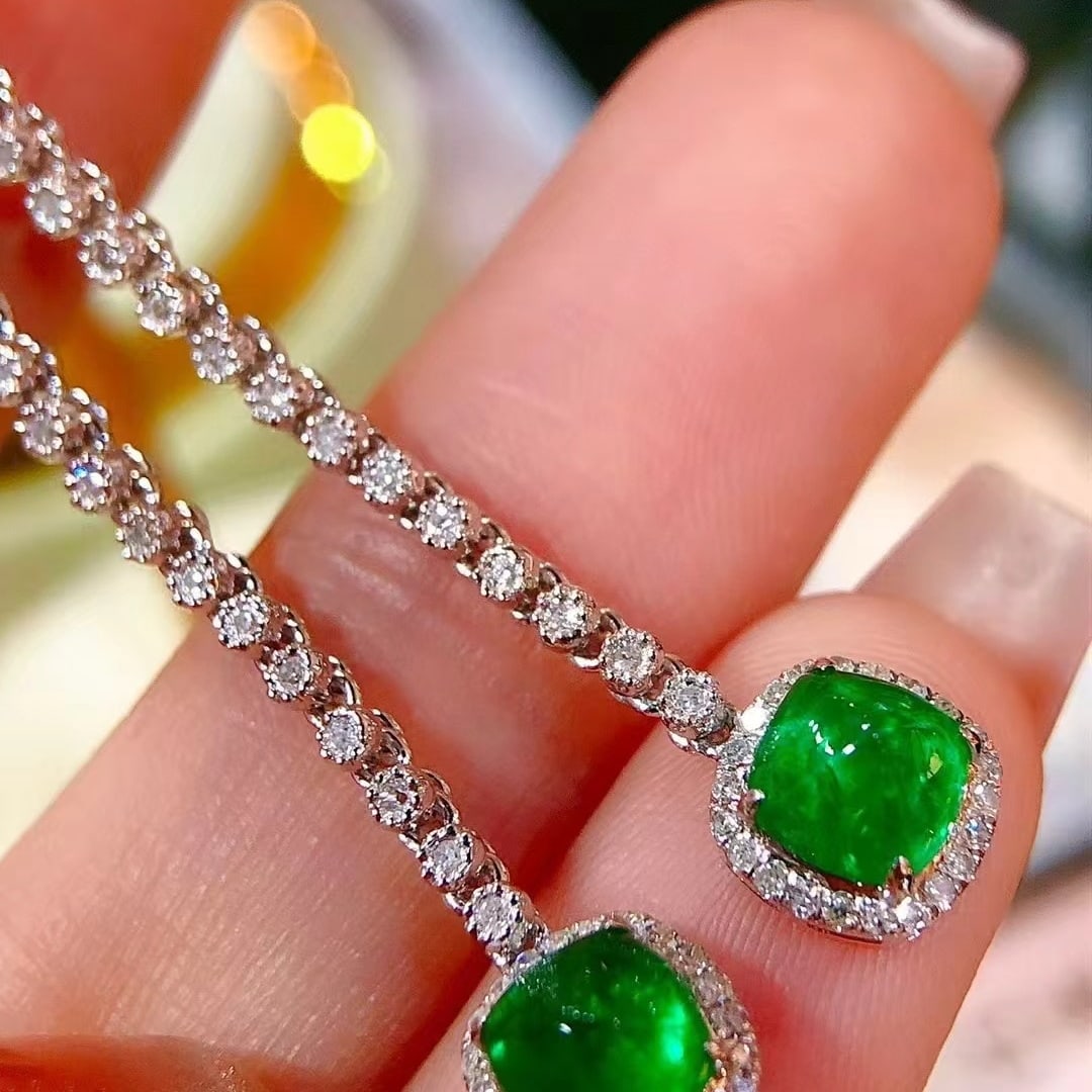 14k Gold 2.3 Ct Vivid Green Natural Emerald & Diamond Earrings - 2