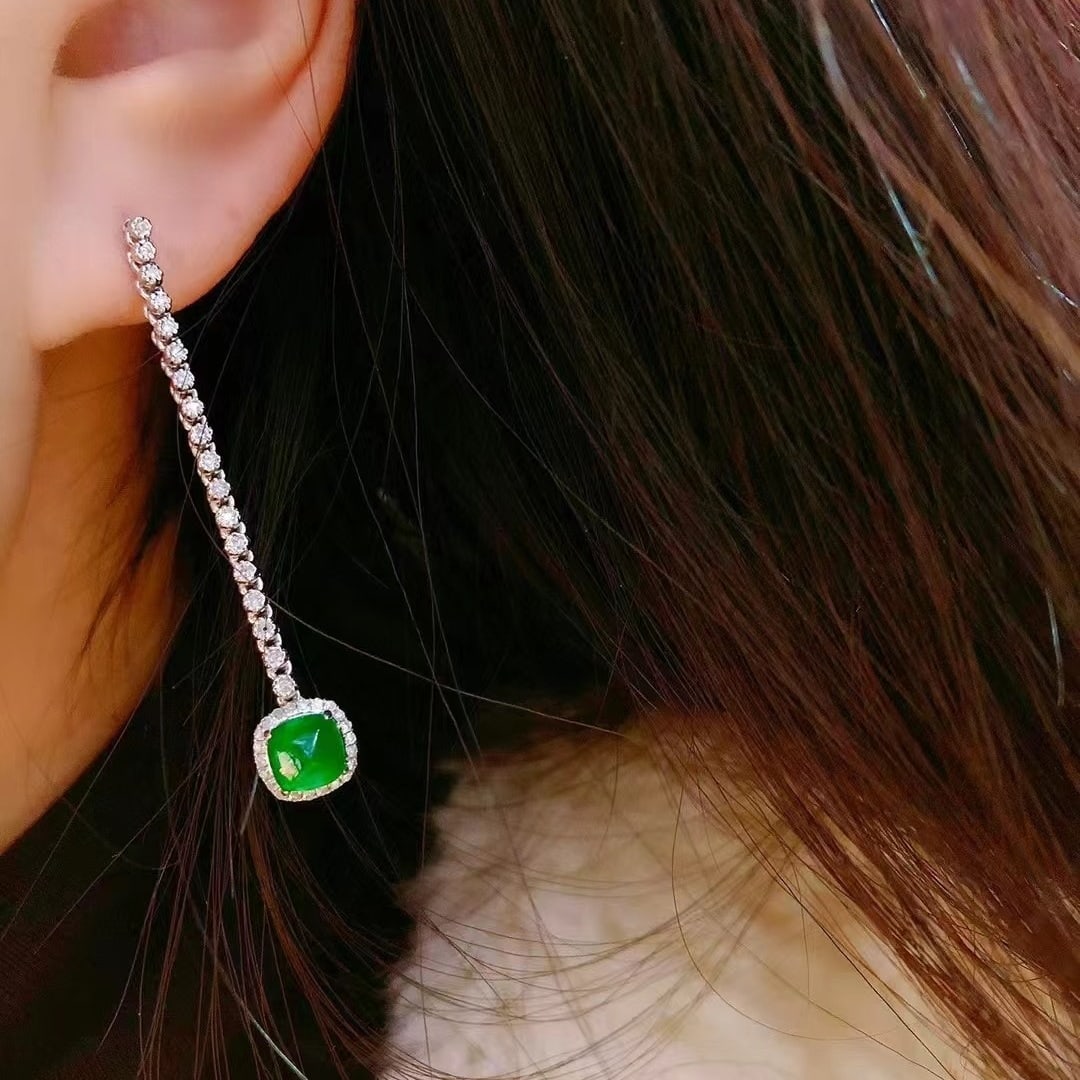 14k Gold 2.3 Ct Vivid Green Natural Emerald & Diamond Earrings - 3