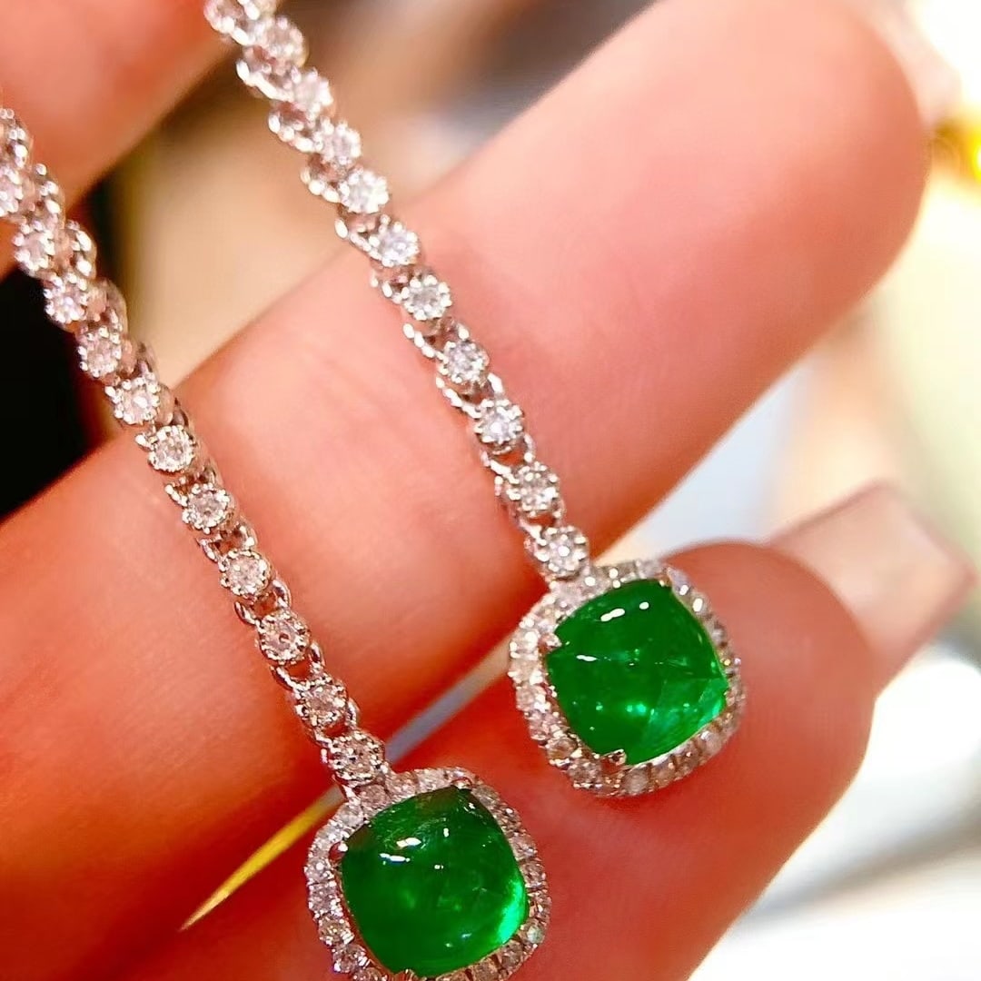 14k Gold 2.3 Ct Vivid Green Natural Emerald & Diamond Earrings - 5