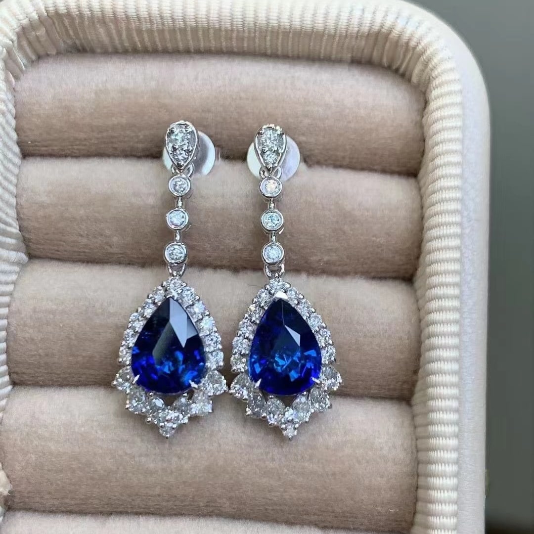 14k Gold 3.64 Ctw Natural Sapphire & Diamond Earrings - 2
