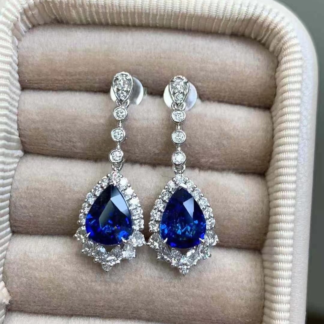 14k Gold 3.64 Ctw Natural Sapphire & Diamond Earrings - 5