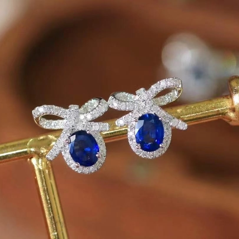 14k Gold 1.35 Ctw Natural Sapphire & Diamond Earrings - 2