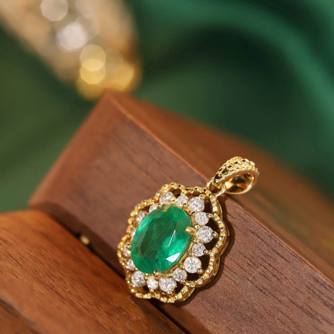 14k Gold 1.51 Ctw Natural Emerald & Diamond Pendant( Without Chain ) - 7