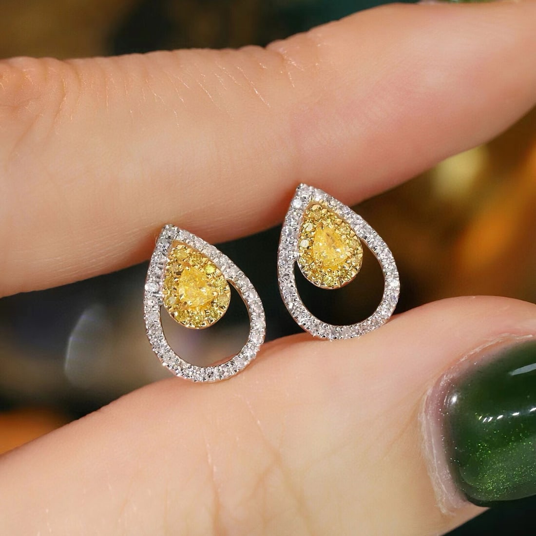 14k Gold 0.40 Ctw Natural Yellow Diamond & Diamond Earrings - 4