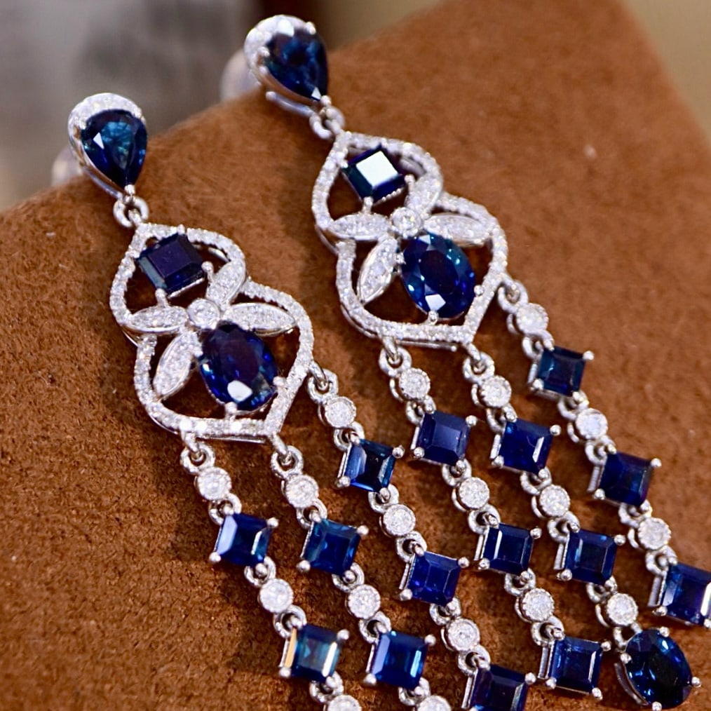 14k Gold 5.83 Ctw Natural Sapphire & Diamond Earrings - 2