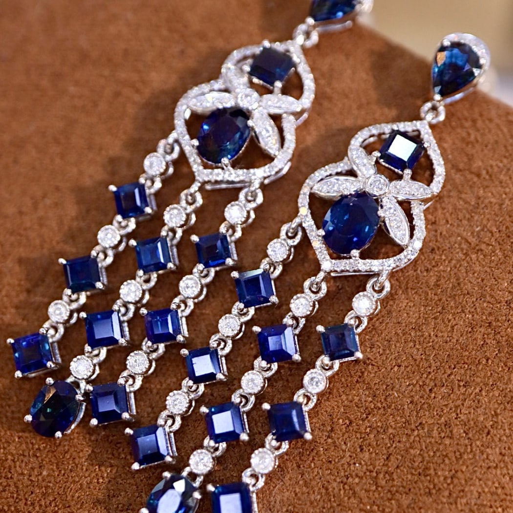 14k Gold 5.83 Ctw Natural Sapphire & Diamond Earrings - 3