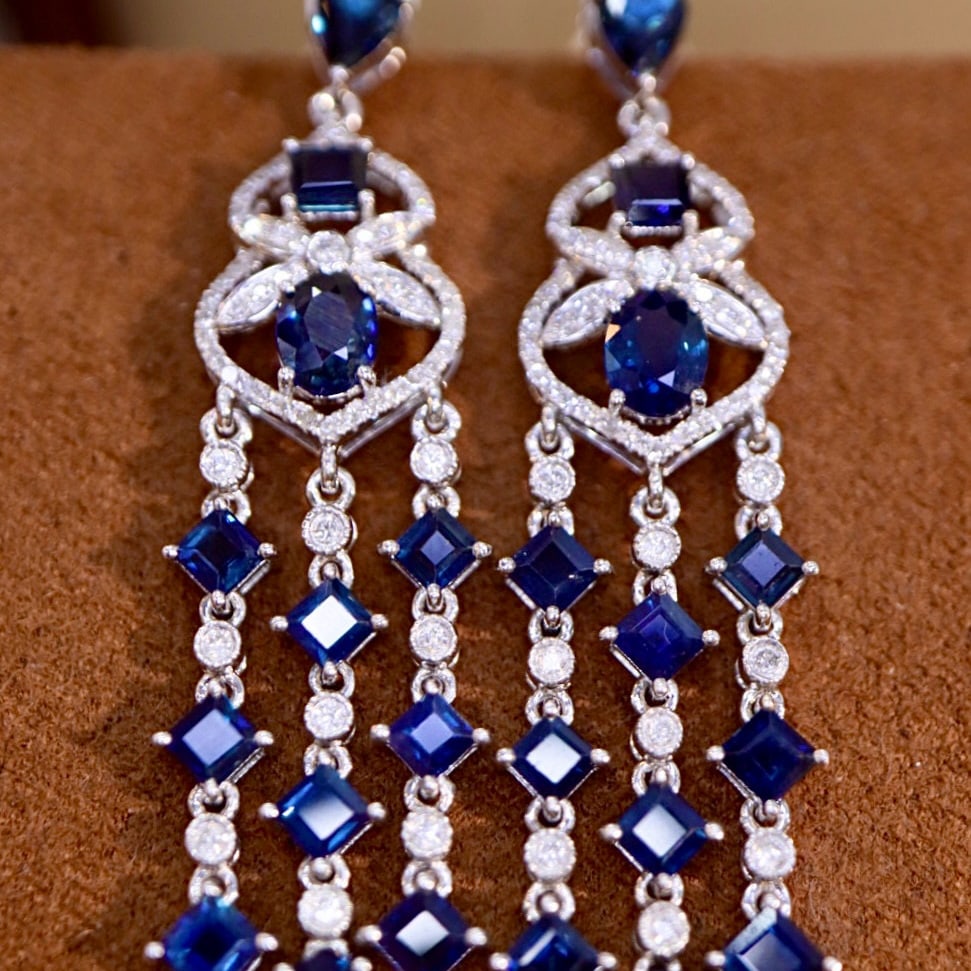 14k Gold 5.83 Ctw Natural Sapphire & Diamond Earrings - 4